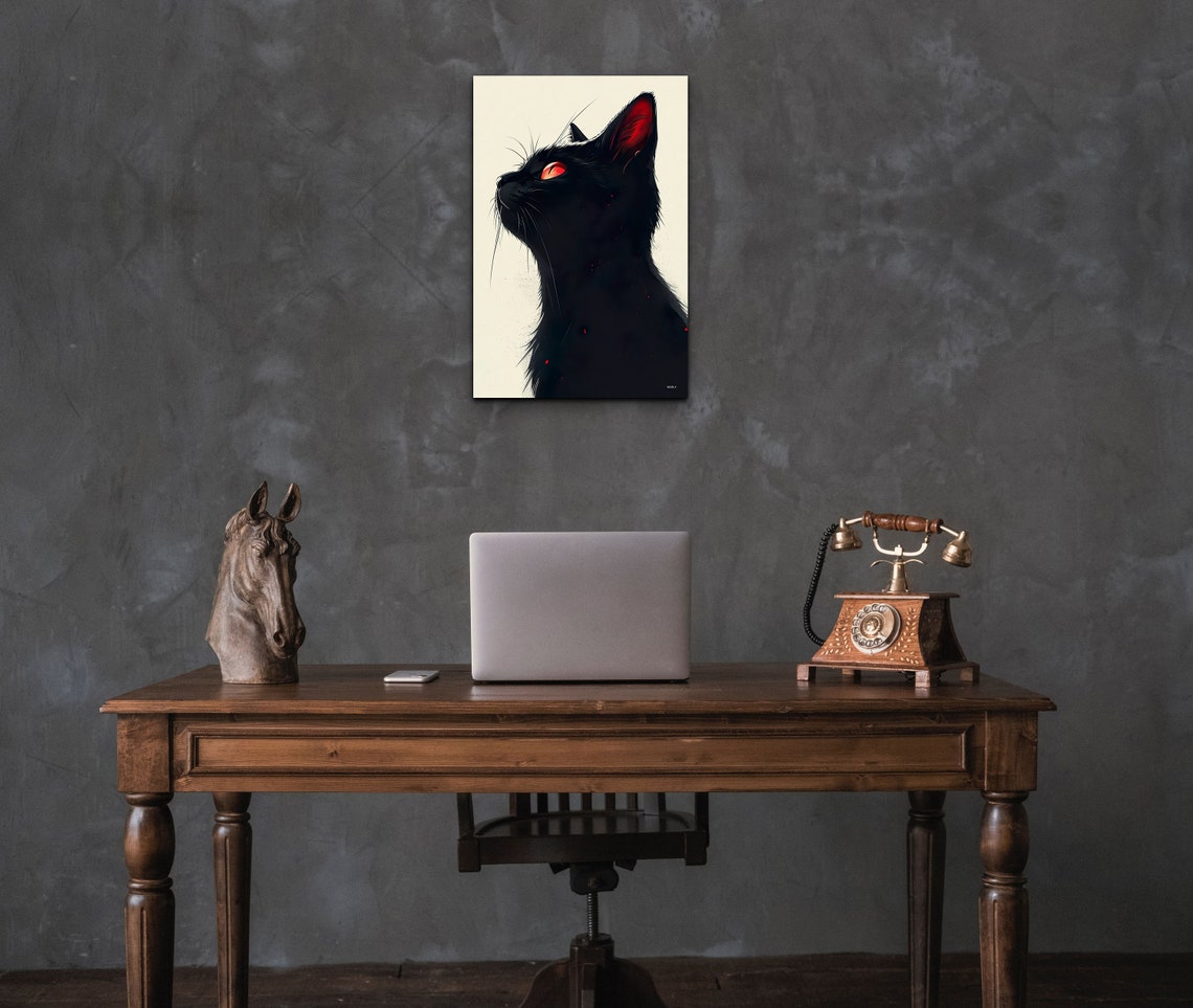 Minimalist Black Cat Silhouette Profile Red Eye Modern Wall Art - Image 4