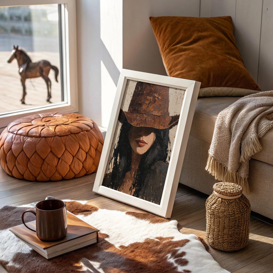 Cowgirl Portrait In Rustic Brown Hat Painterly Western Poster