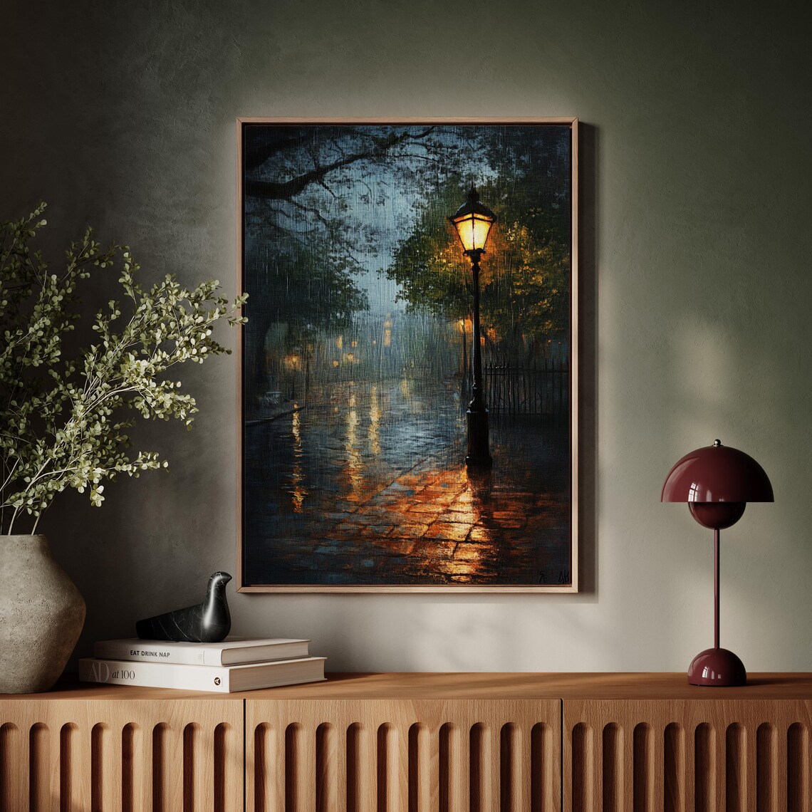 Rainy Night Street Scene Vintage Oil Painting, Cityscape - Image 4