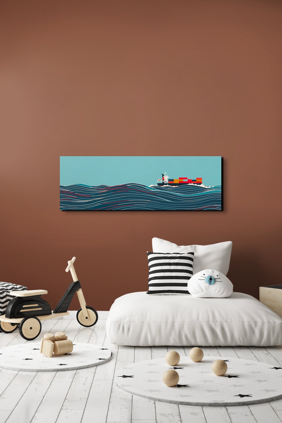 Panoramic Cargo Ship in Ocean, Nautical Art Print - Image 5