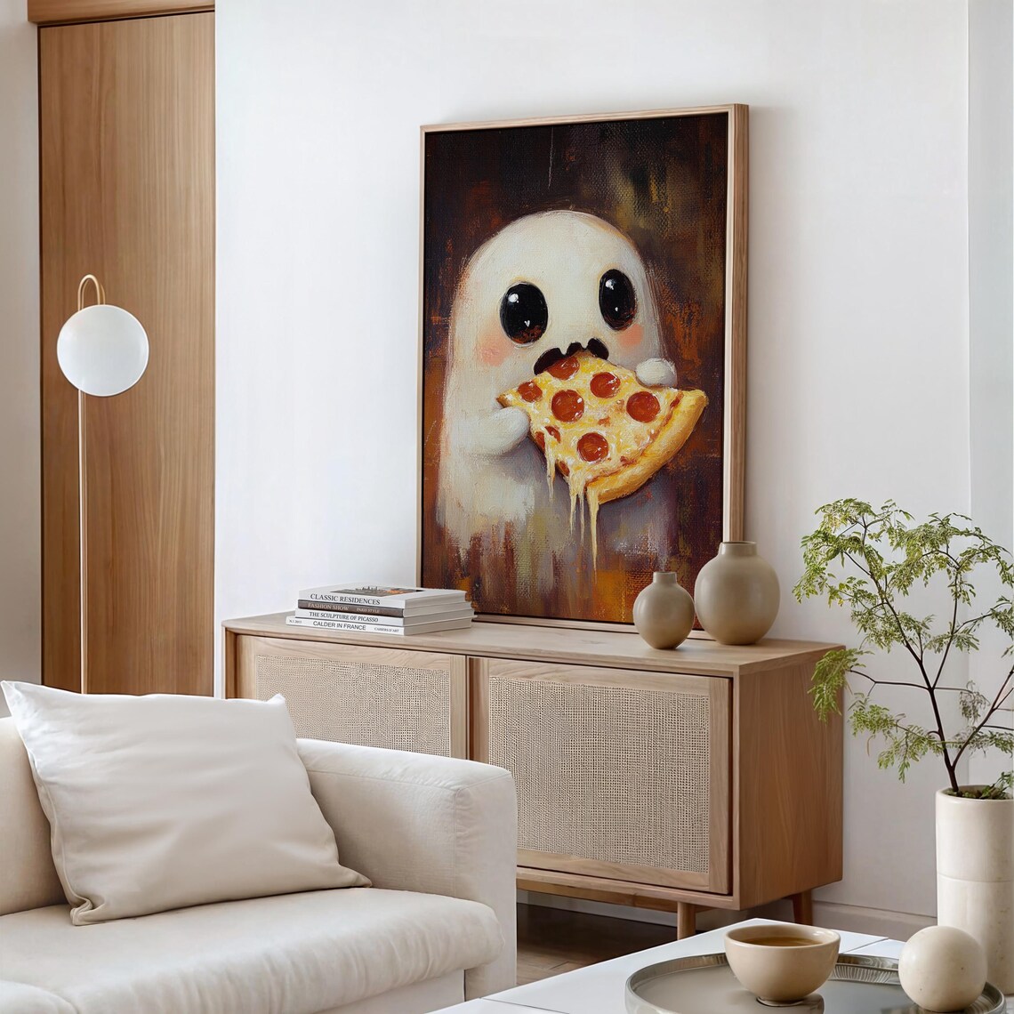 Cute Ghost Eating Pepperoni Pizza Whimsical Halloween Foodie Funny Art Poster - Image 4