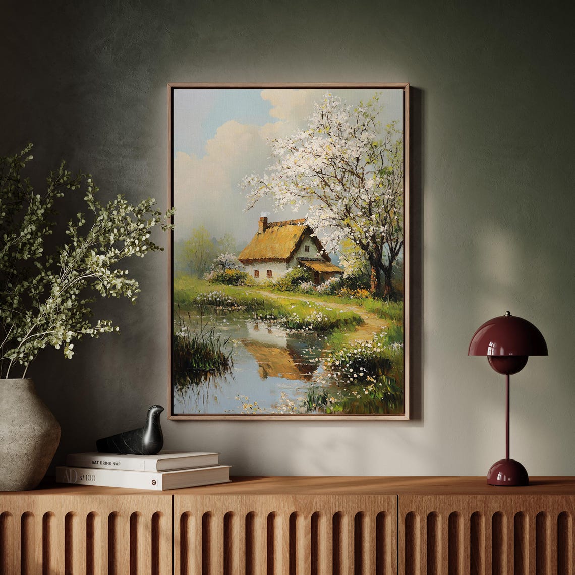 Spring Cottage Rustic Country Landscape Art Blooming Tree Painting Vintage Farmhouse Wall Decor Idyllic Nature Scene Print - Image 4