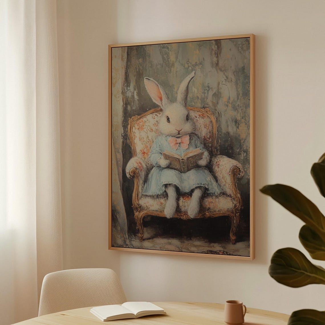 Charming Bunny Reading Book In Vintage Floral Armchair Poster - Image 3