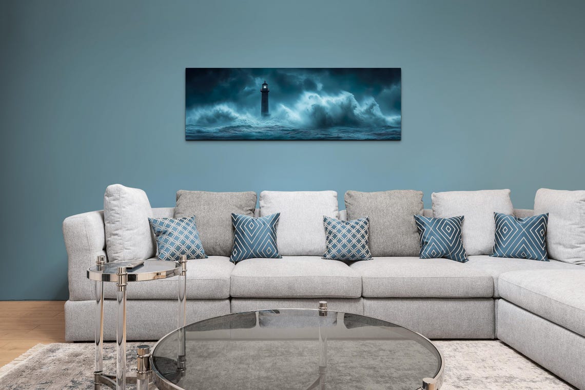 Lighthouse Enduring Night Storm Waves Moody Ocean Panoramic Poster - Image 4
