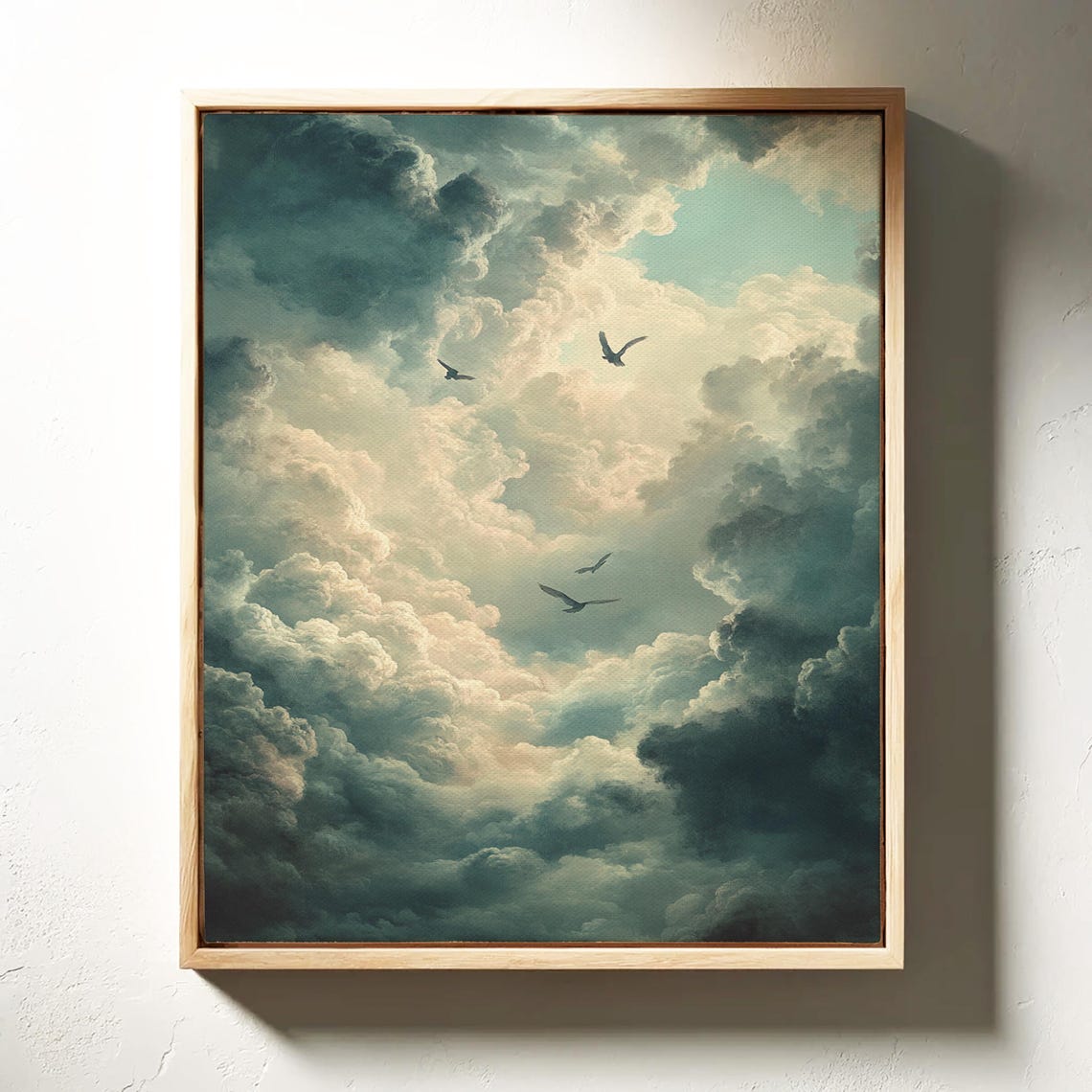 Birds Flying Through Luminous Soft Clouds In Minty Dreamy Sky Poster - Image 2
