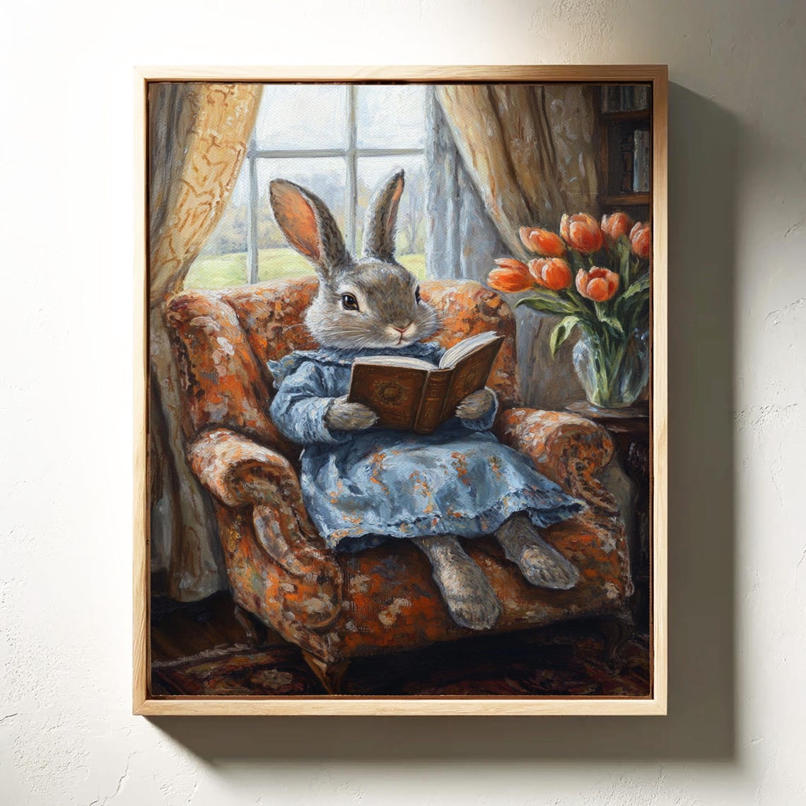 Rabbit Reading Book in Armchair by Window Whimsical Bunny Art Print - Image 6