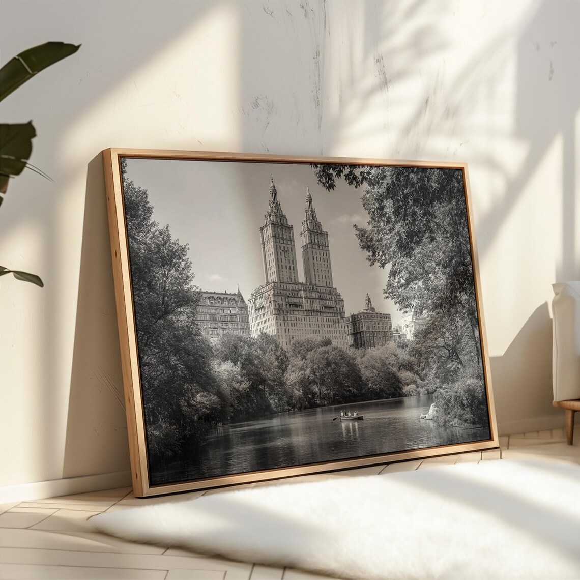 Central Park Lake With Twin Tower Skyline Black White Photo Poster