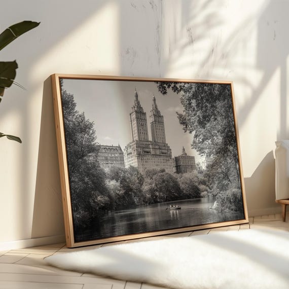 Central Park Lake With Twin Tower Skyline Black White Photo Poster