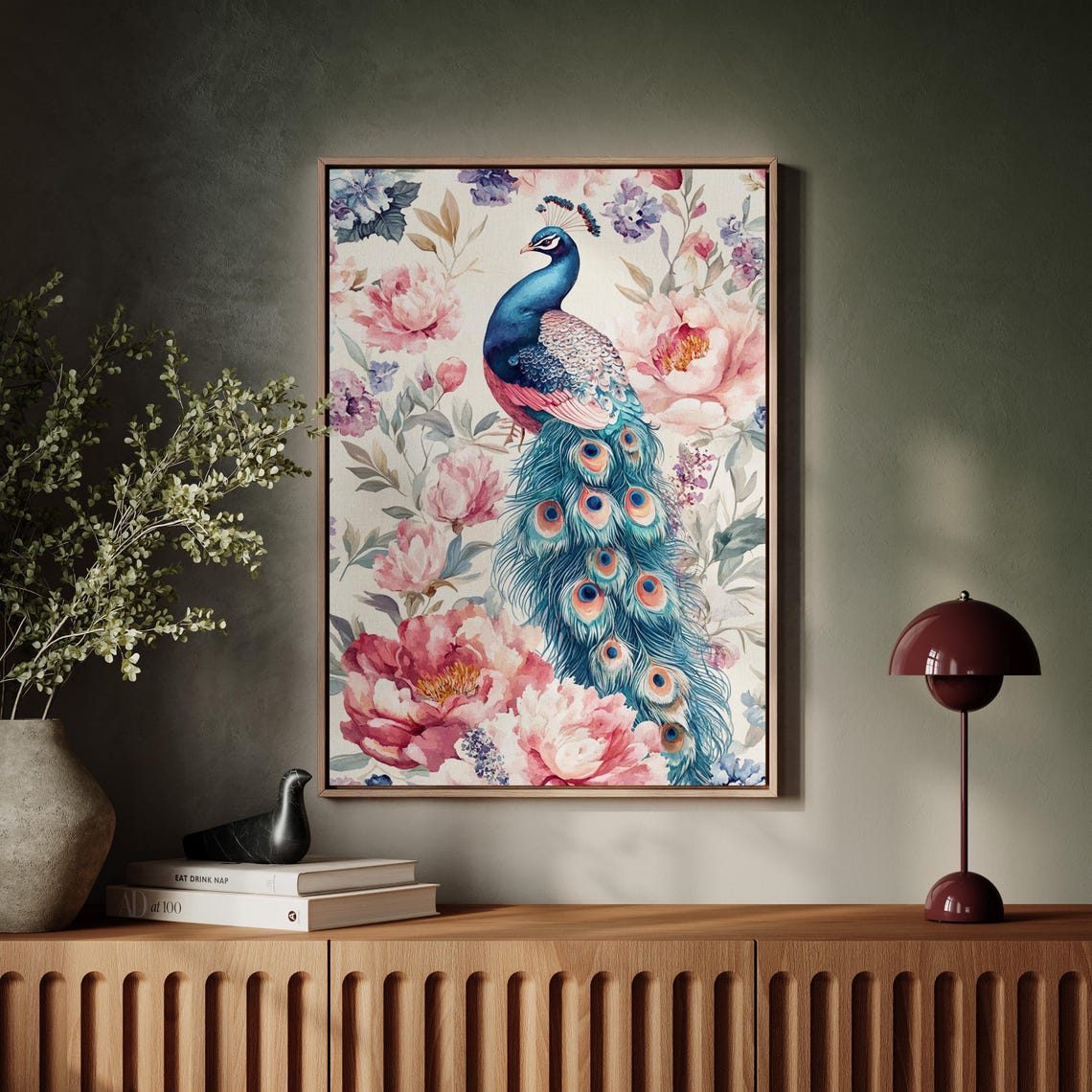 Elegant Peacock Pink Peonies Floral Watercolor Boho Decor Wall Art - Image 6