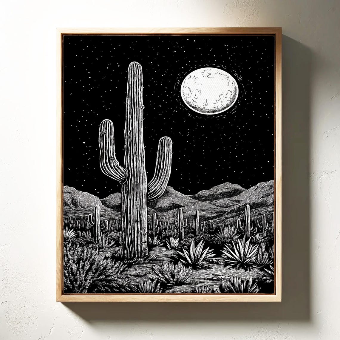 Saguaro Cactus Under Full Moon Starry Desert Night Art Poster - Image 4