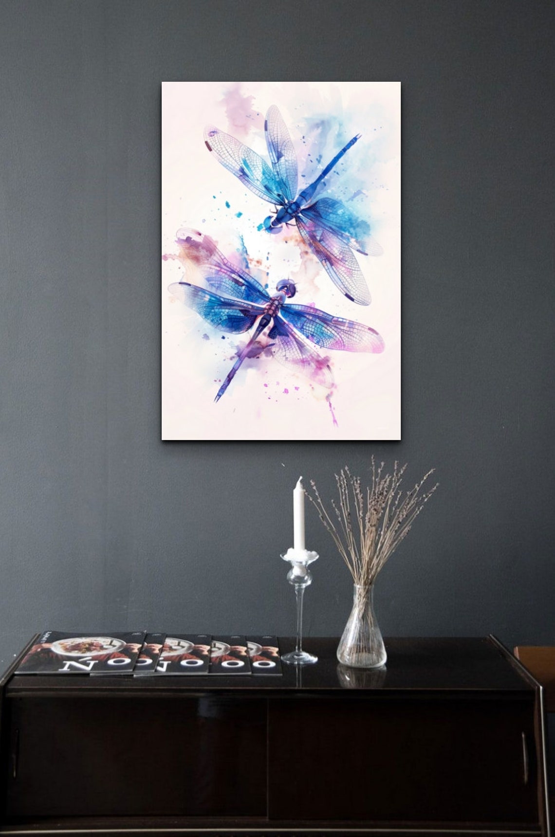 Two Delicate Dragonflies Dancing In Soft Blue Purple Watercolor Poster - Image 4