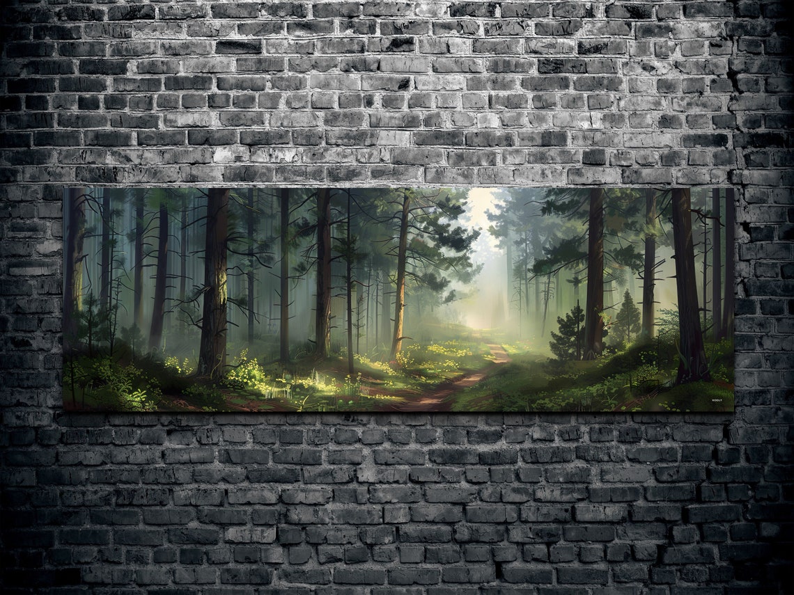 Golden Sunlit Path Winding Through a Misty Green Forest Poster - Image 2