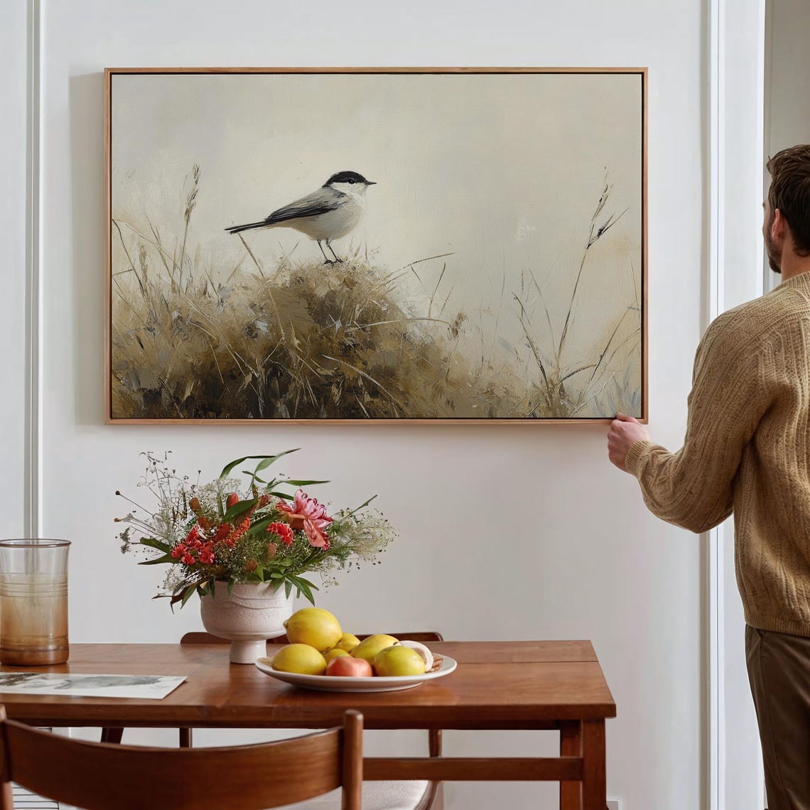 Small Bird Perched In Golden Grasses Minimalist Neutral Nature Poster - Image 6