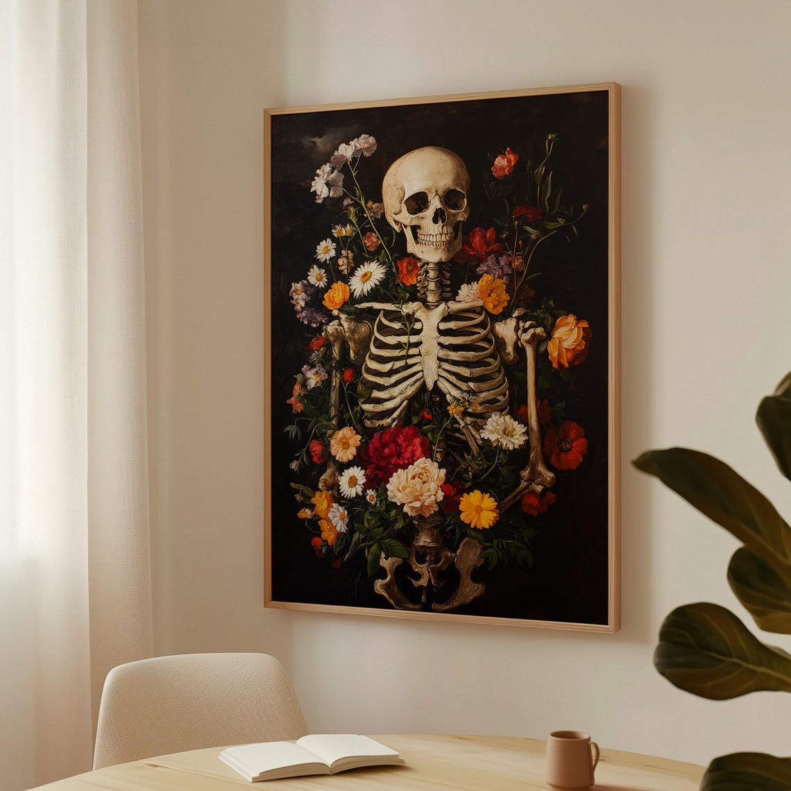 Skeleton Surrounded By Colorful Flowers Gothic Halloween Wall Art