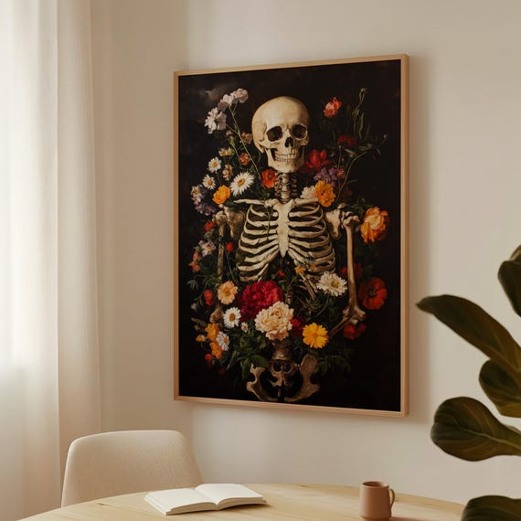 Skeleton Floral Gothic Bold Halloween Art With Vibrant Roses Daisies Vintage Dark Aesthetic For Unique Home Dcor