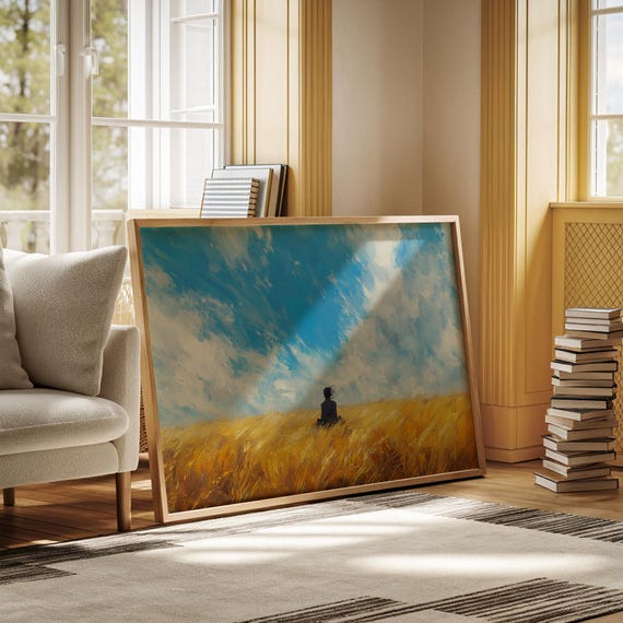 Abstract Woman In Golden Wheat Field Art Blue Sky Wall Decor Peaceful Nature Inspired Landscape Painting