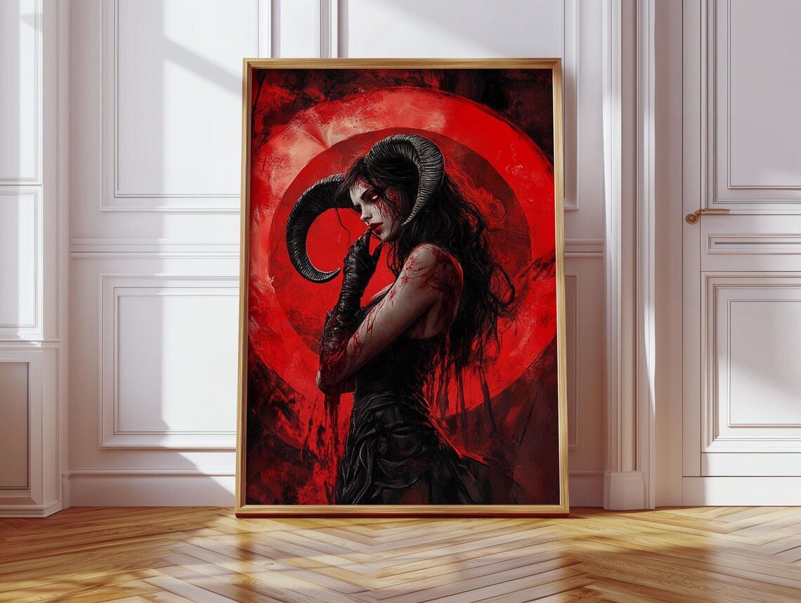 Dark Horned Demon Woman In Blood Red Circle Gothic Fantasy Poster