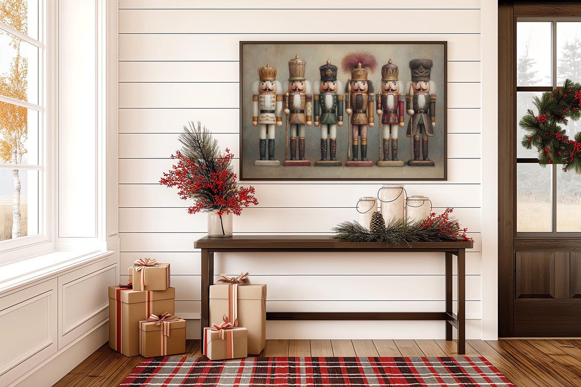 Vintage Nutcracker Soldiers Row Christmas Traditional Painting Poster