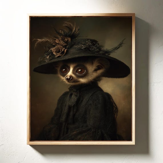 Victorian Lemur Portrait With Feathered Hat