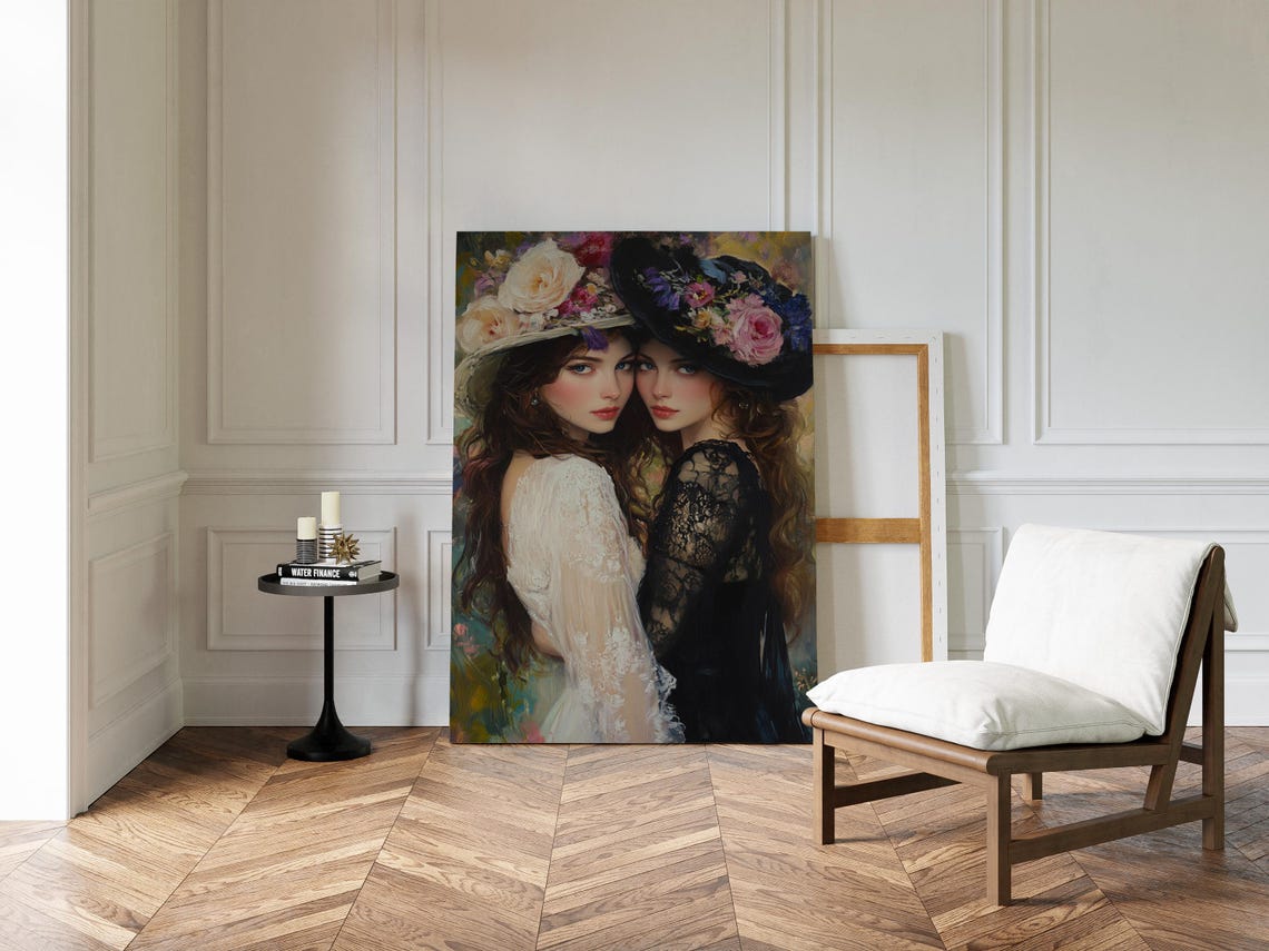 Two Women in Floral Hats Pressed Cheek to Cheek Vintage Poster - Image 4