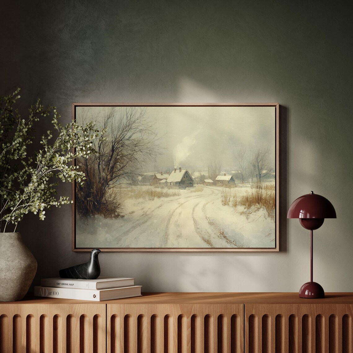 Cozy Snowy Village With Log Cabins Winter Landscape Wall Art