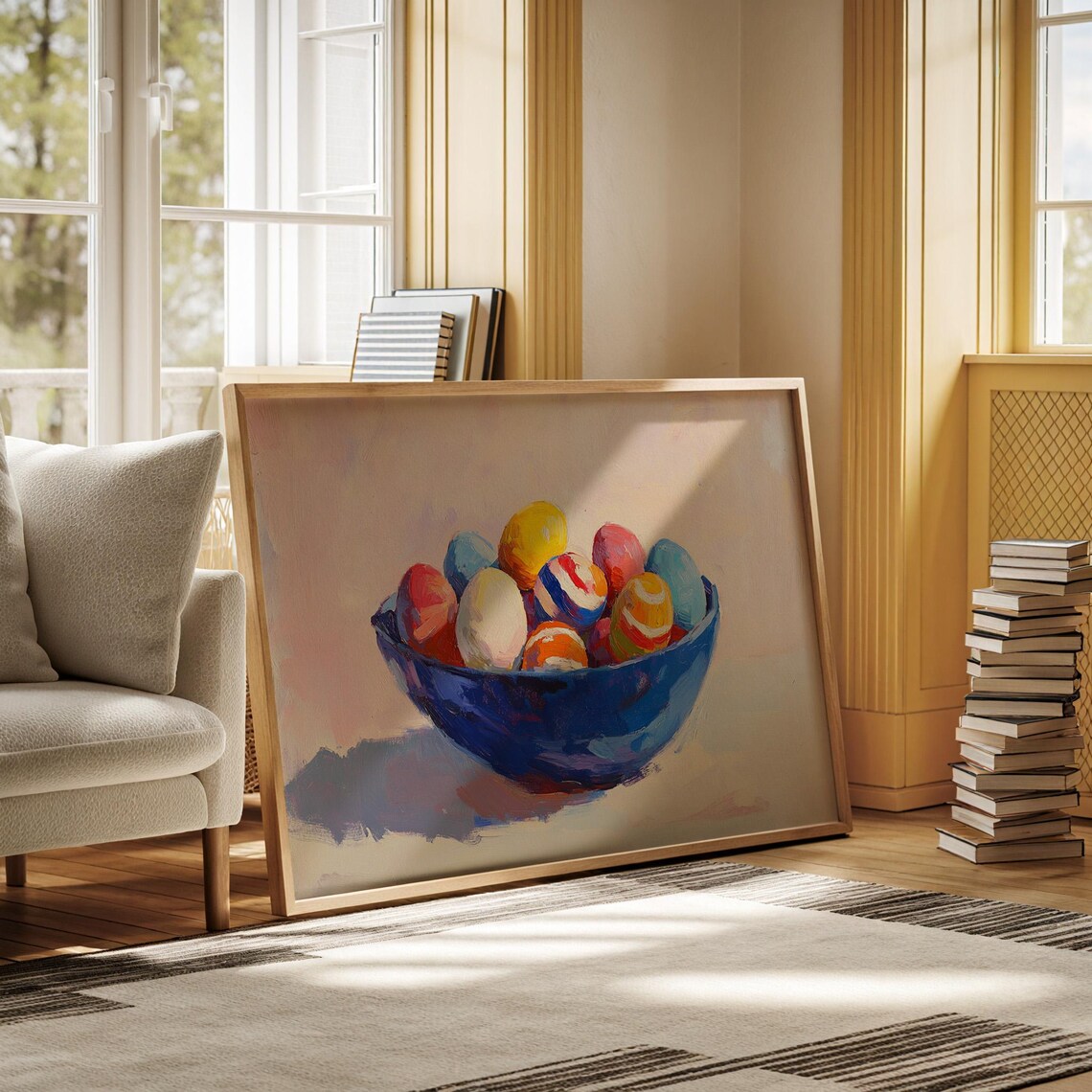 Painted Easter Eggs in Cobalt Blue Bowl Bright Spring Painting Wall Art