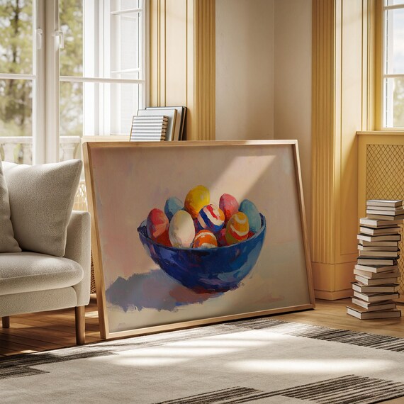 Painted Easter Eggs in Cobalt Blue Bowl Bright Spring Painting Wall Art