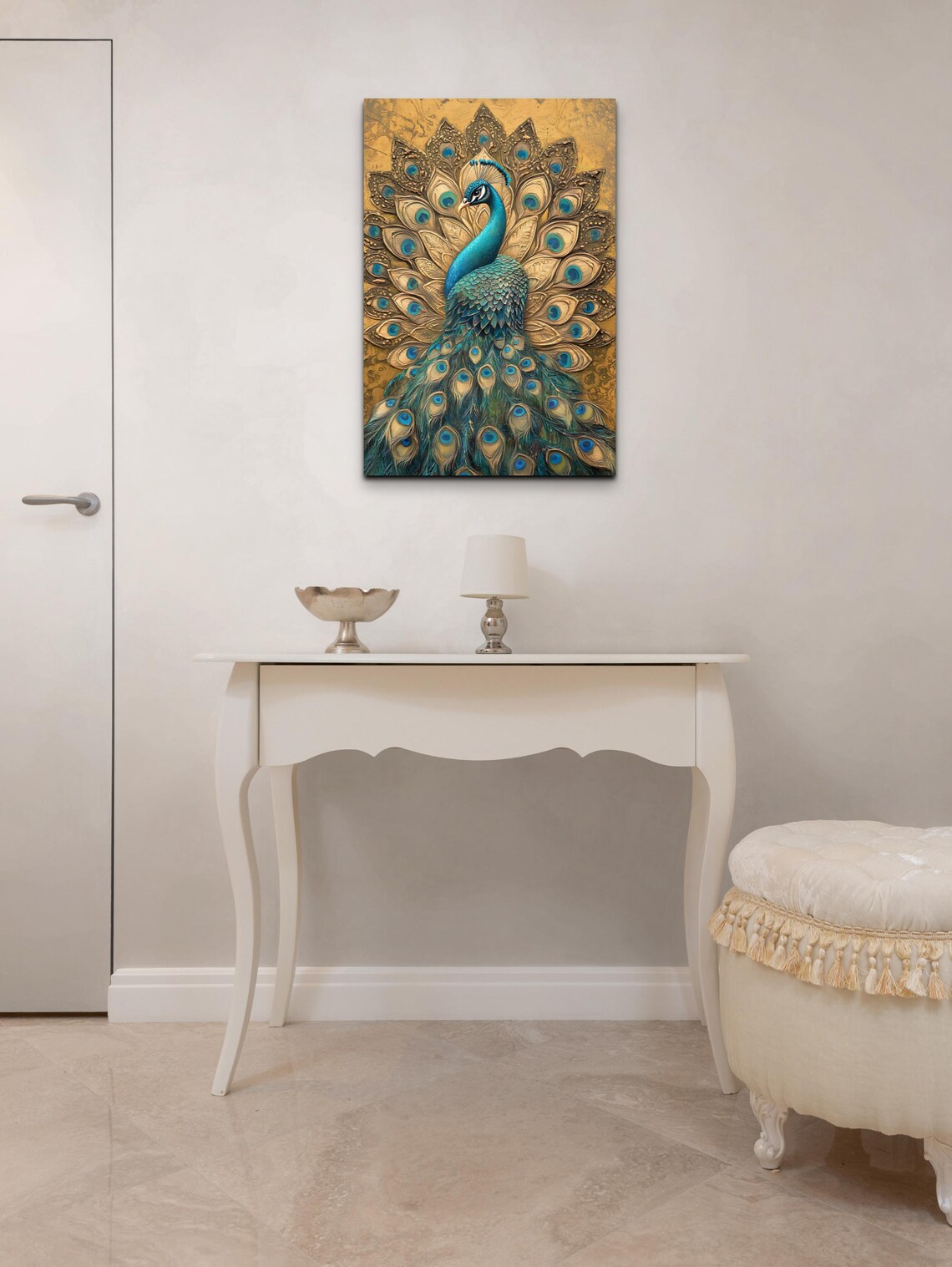 Majestic Peacock Golden Fanned Tail Royal Bird Portrait Art Poster - Image 4