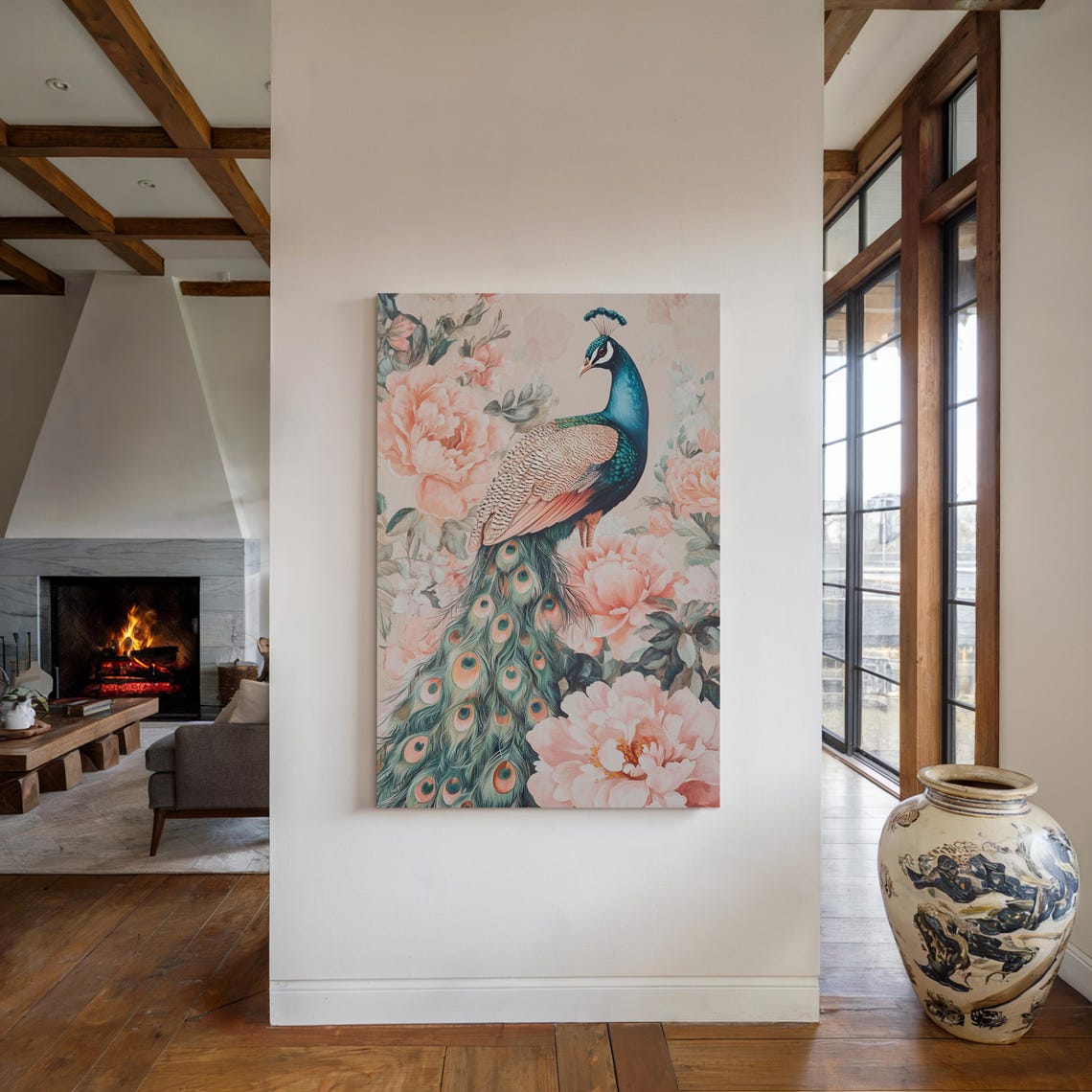 Elegant Peacock Pink Peonies Vibrant Floral Standing Bird Wall Art - Image 4