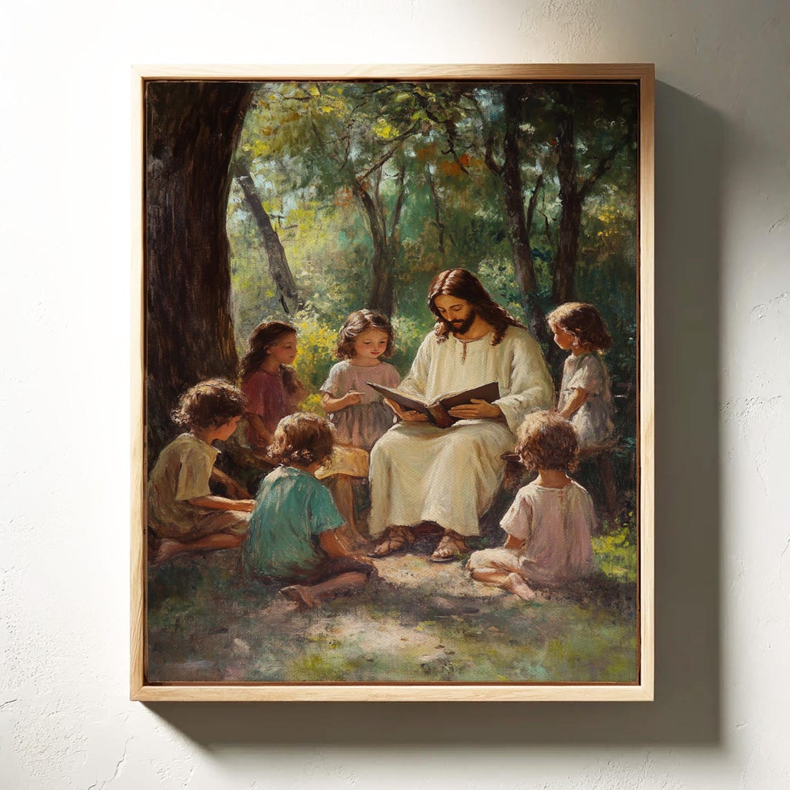 Jesus Teaching Children Reading Book Forest Glade Scene Poster - Image 3