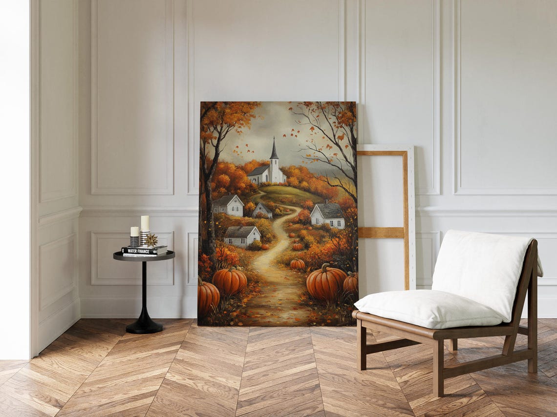 Autumn Village With White Church Winding Path And Pumpkins Wall Art - Image 5