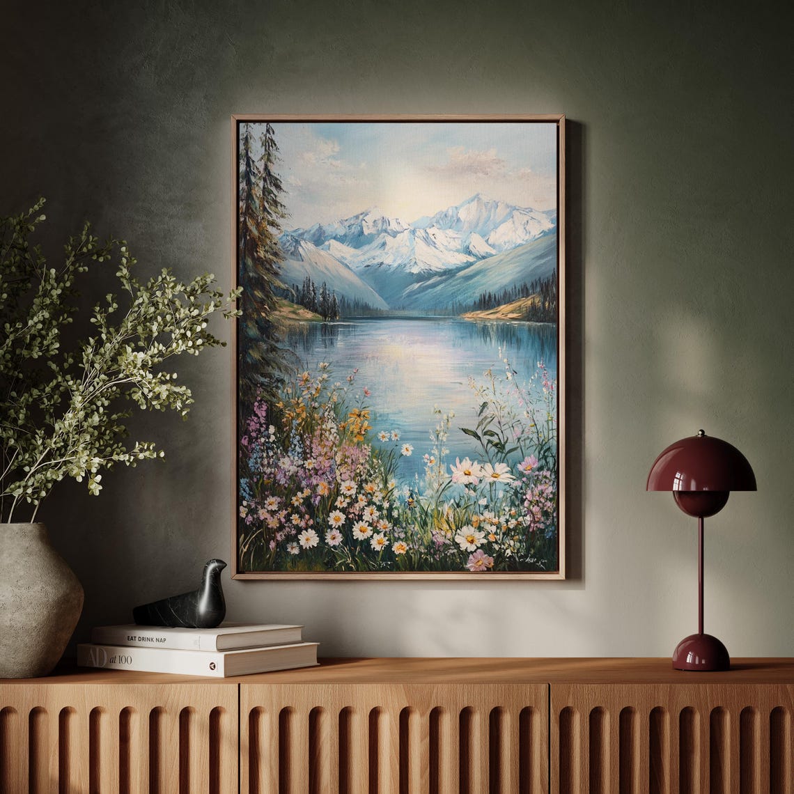 Snowy Mountain Lake With Wildflowers Serene Alpine Scene Wall Art