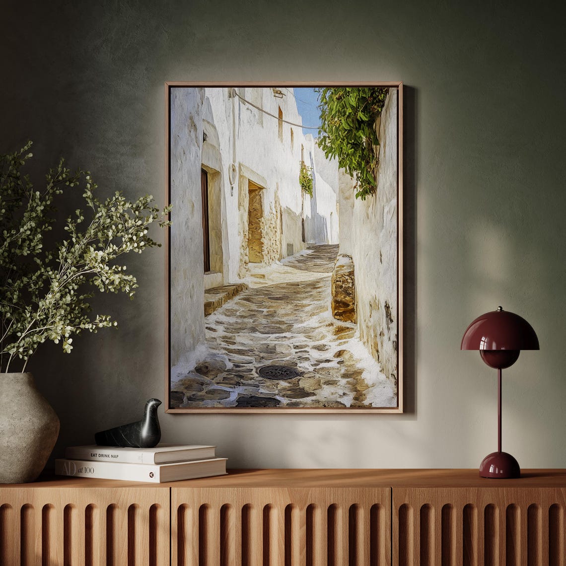 Greek Whitewashed Alleyway Cobblestone Street Mediterranean Poster