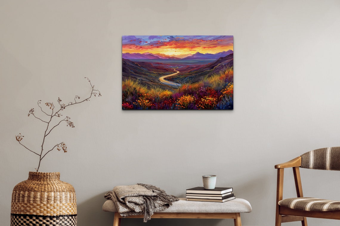 Fiery Sunset Over a River Valley With Wildflower Foreground Poster - Image 7