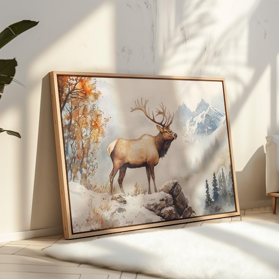 Majestic Elk Canvas Wall Art Rustic Wildlife Painting Of Stag In Snowy Mountain Landscape Nature Inspired Lodge Decor