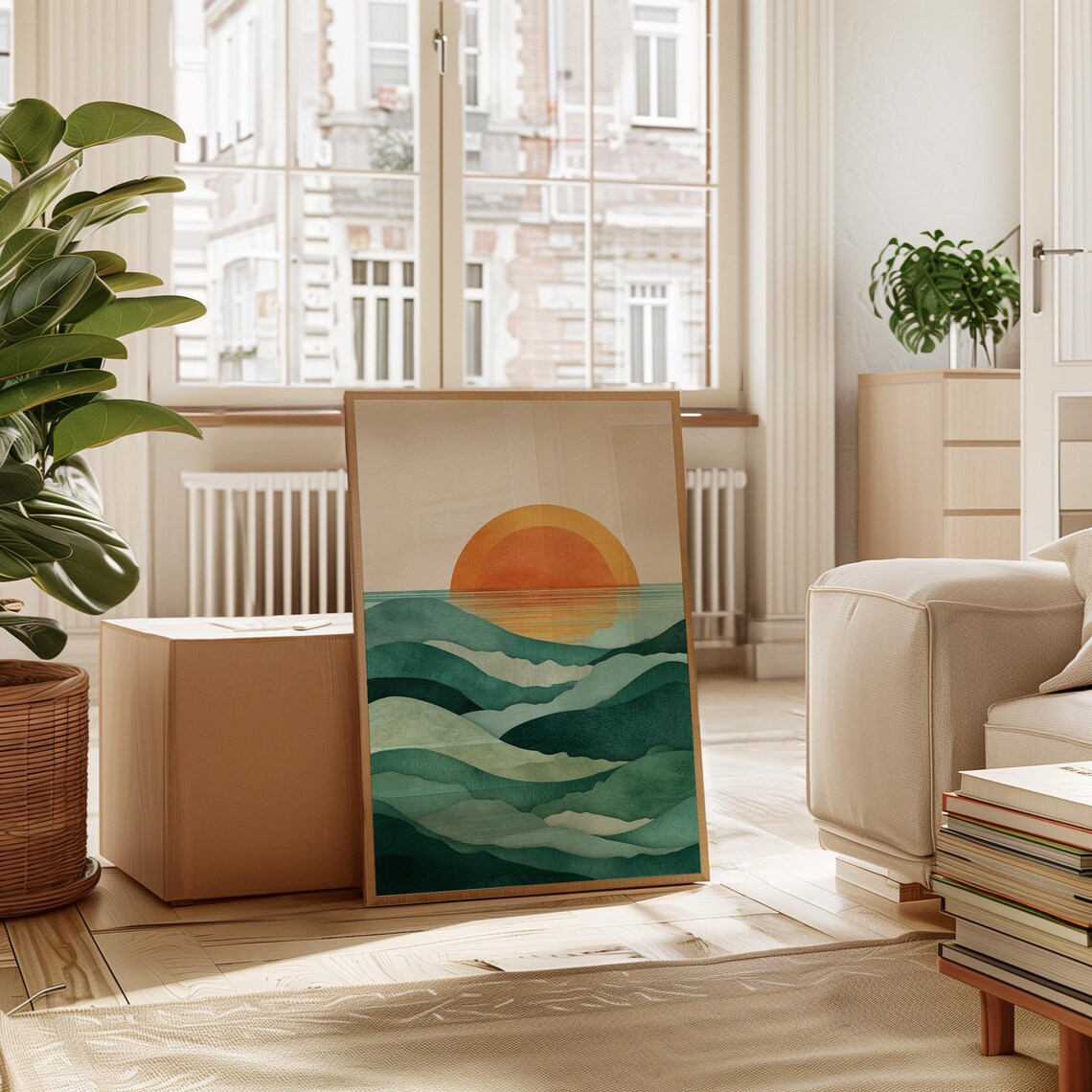 Abstract Ocean Sunset, Minimal Seascape Wall Art