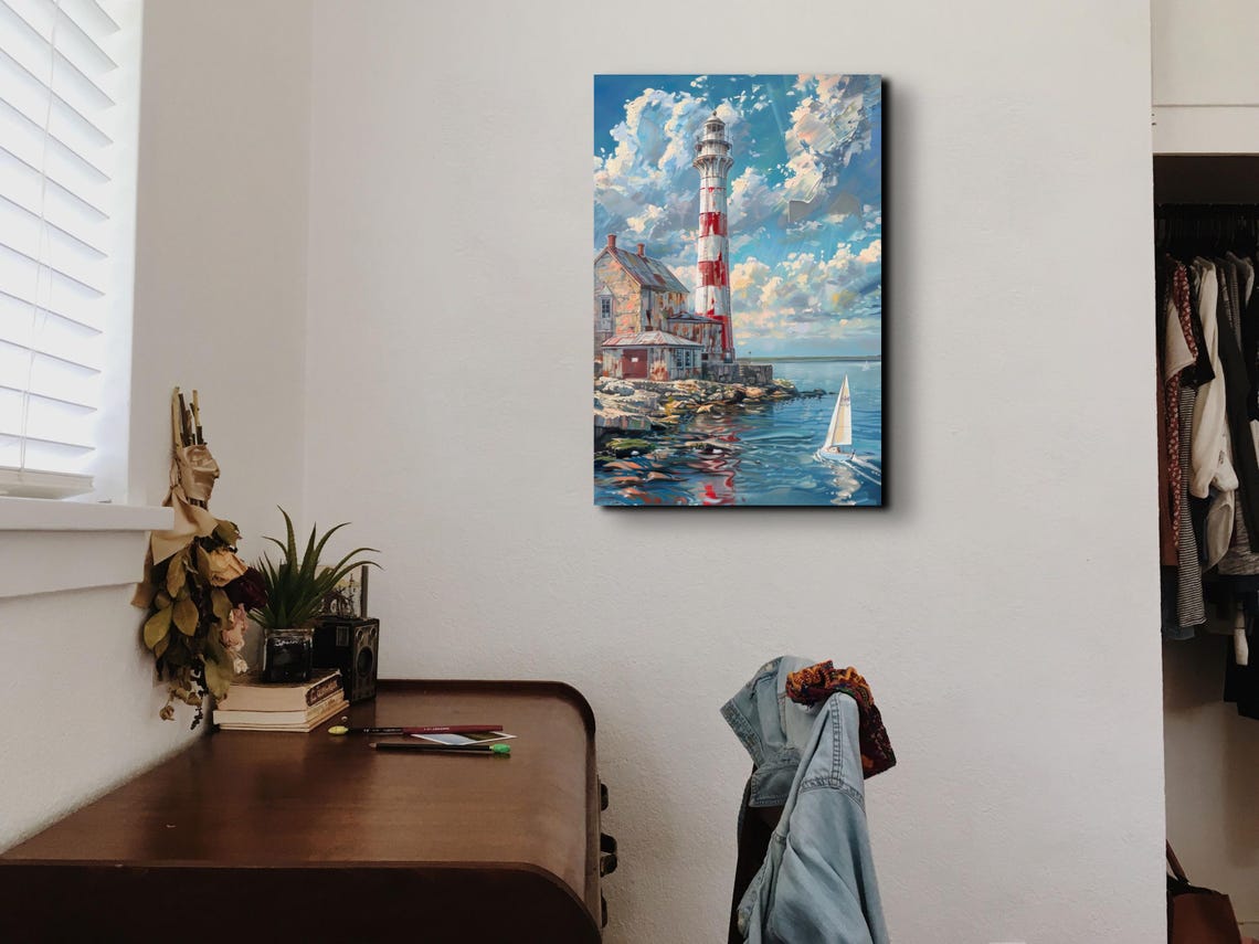 Red and White Lighthouse With Sailboat Coastal Seascape Poster - Image 5