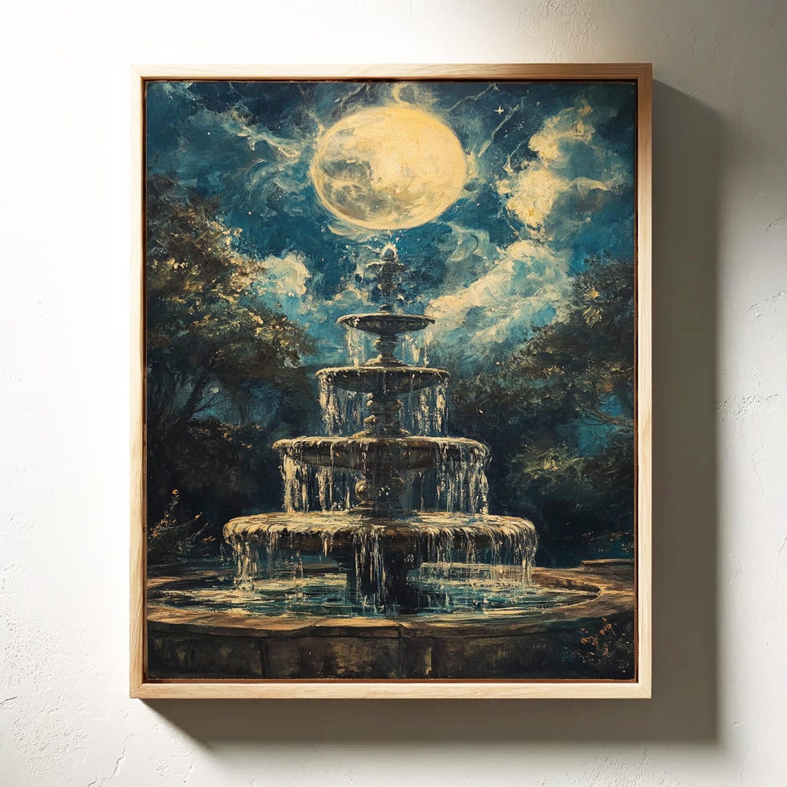 Enchanting Moonlit Fountain Night Sky Full Moon Dreamy Art Poster