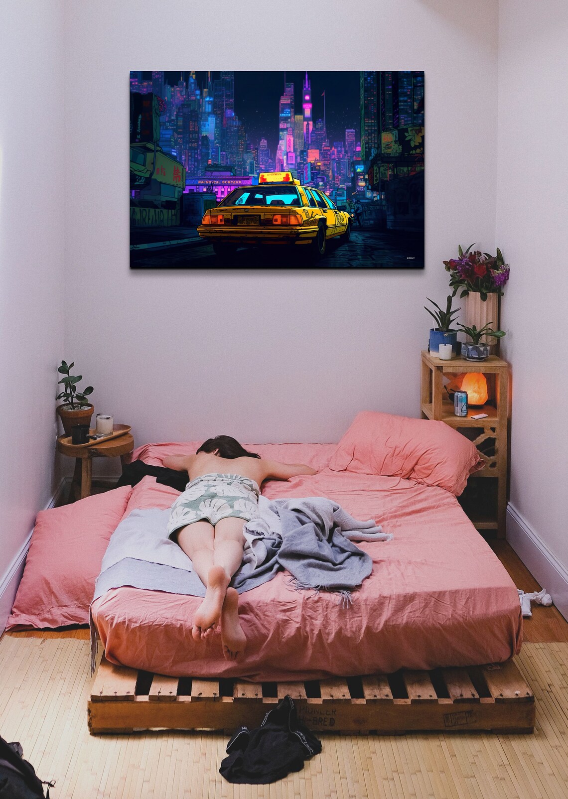 Yellow Taxi Neon City Night Street Cyberpunk Urban Art Poster - Image 3
