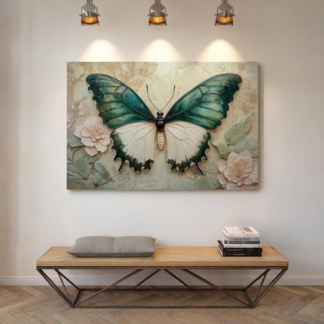 Green Butterfly Nature-Inspired Art Print, Floral Details - Image 4