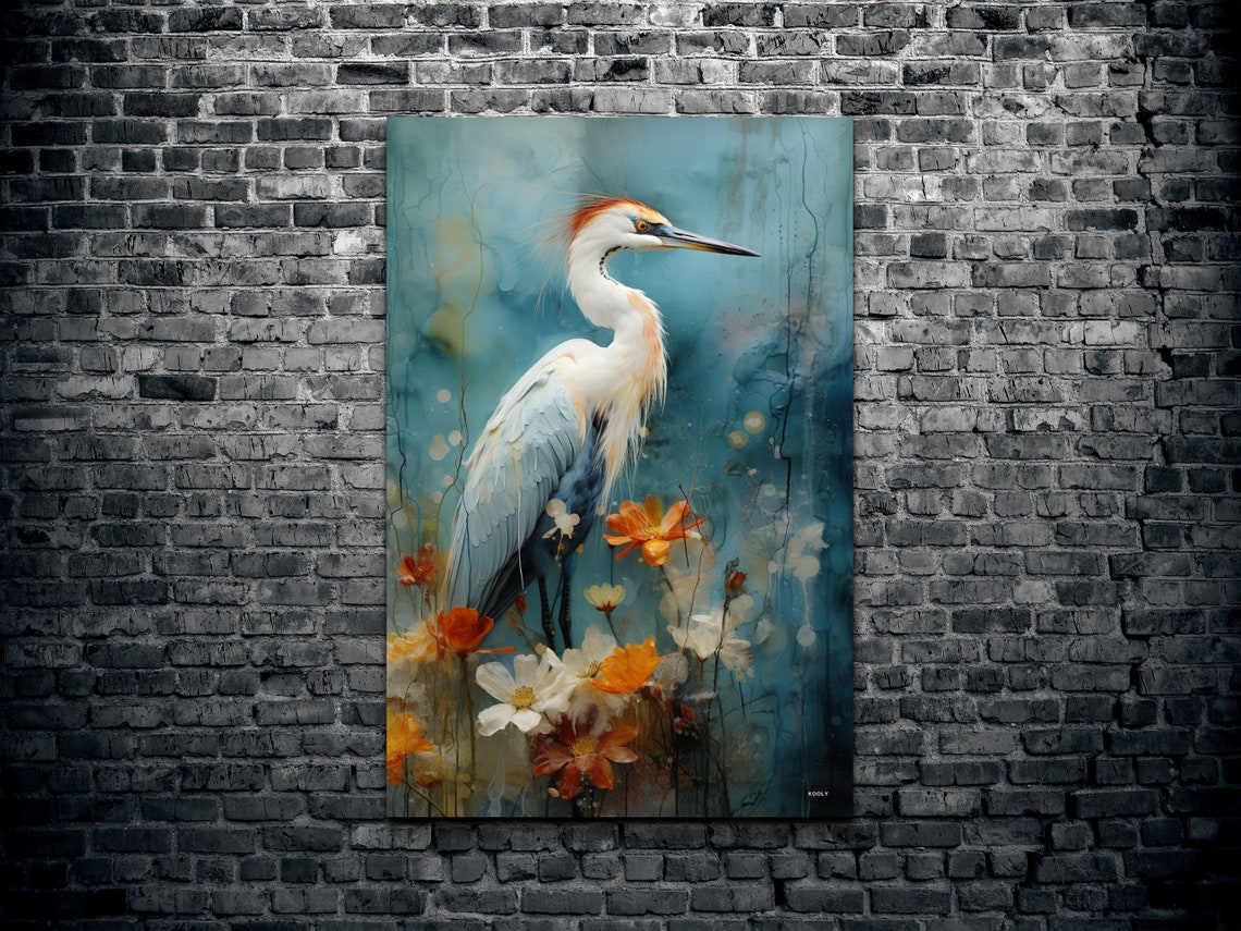 White Heron Among Orange Flowers Watercolor Bird Artwork Poster - Image 2