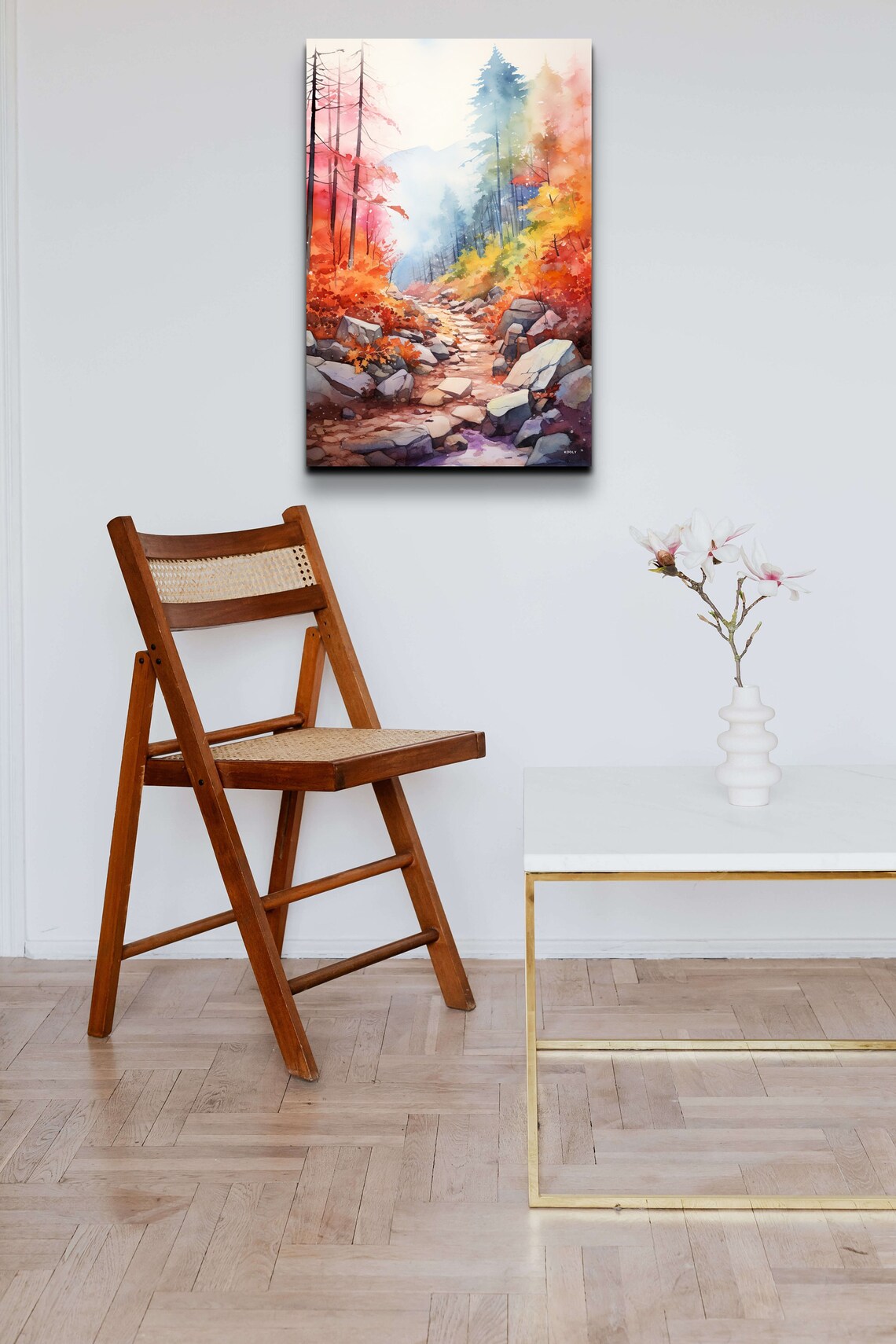Rocky Hiking Trail Through Autumn Forest Watercolor Art Poster - Image 3