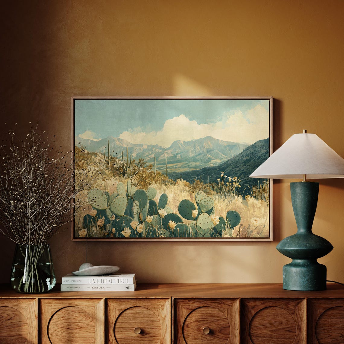 Vintage Painting of a Blooming Prickly Pear Desert Landscape Poster