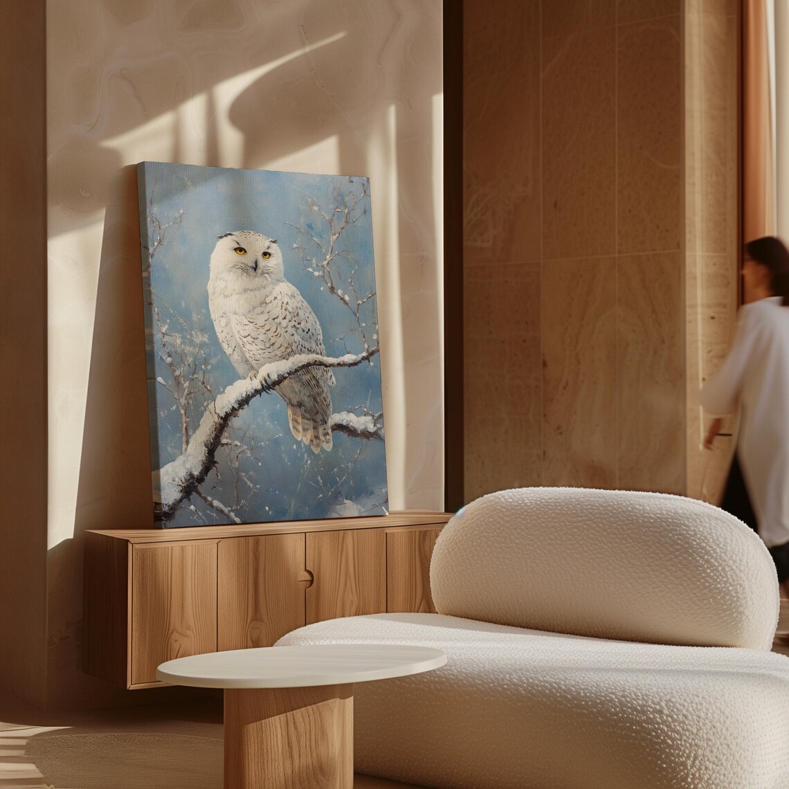 Snowy Owl Resting on Snowy Branch Frosty Blue Winter Art Print - Image 7