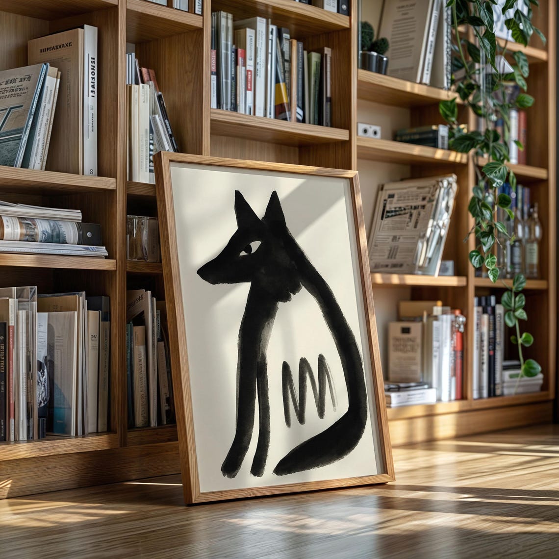 Minimalist Black Fox Ink Brush Painting Modern Animal Wall Art