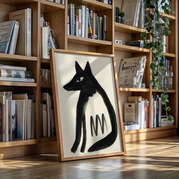 Minimalist Black Fox Painting Modern Ink Animal Wall Art
