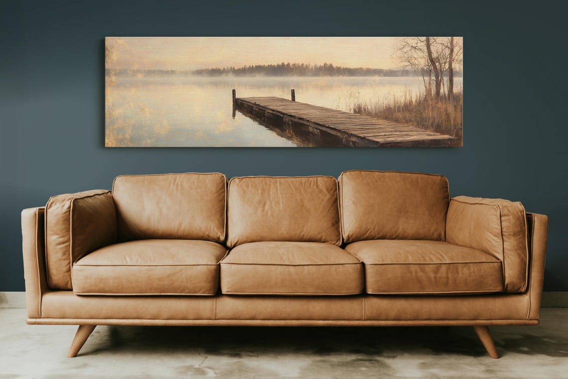 Rustic Wooden Dock Misty Lake Sunrise Golden Reflection Art Poster - Image 4