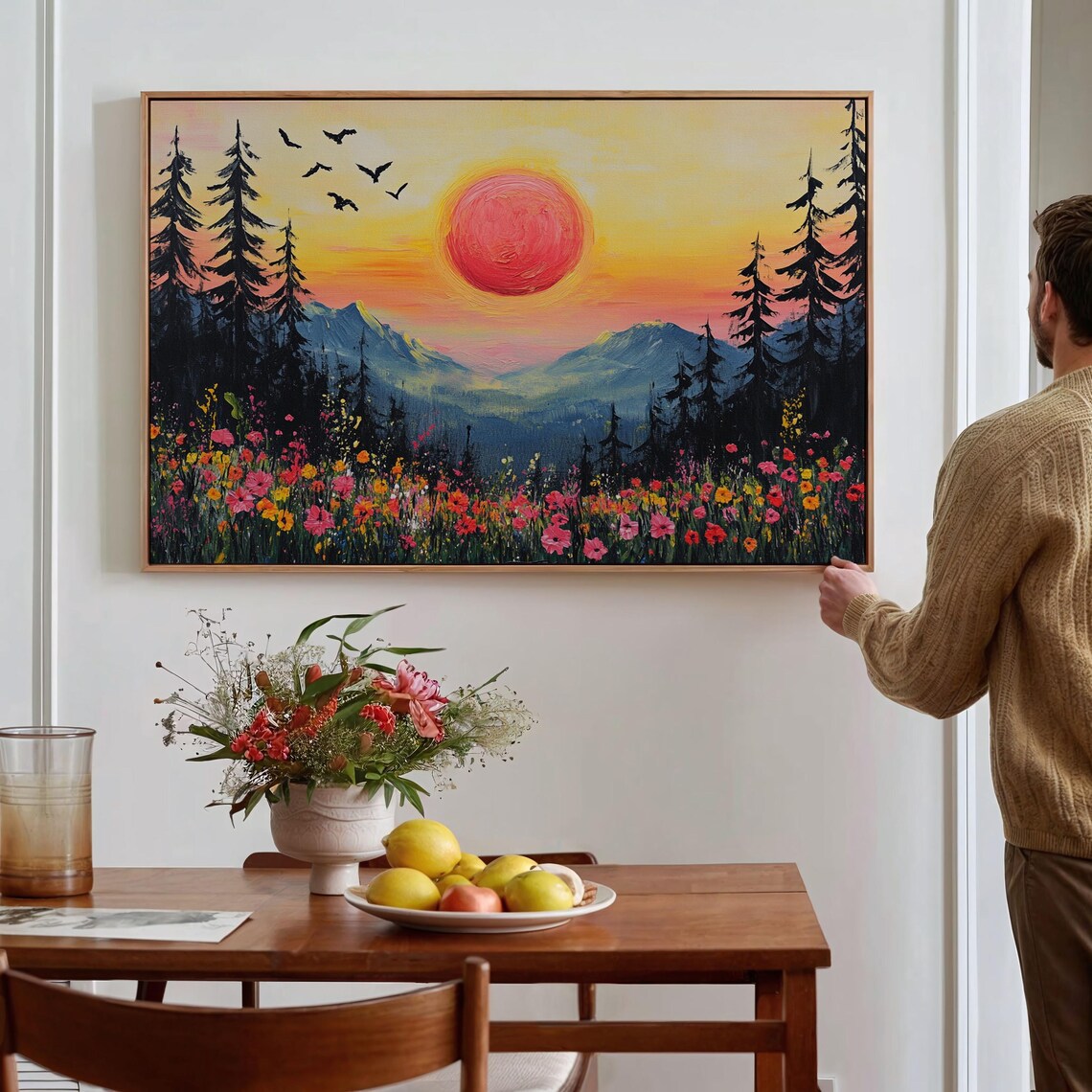 Golden Sunset Over Mountain Meadow With Wildflowers And Birds Poster - Image 5