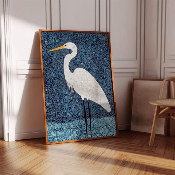 Modern Egret Geometric White Heron Art Blue Coastal Bird Illustration For Wall Decor
