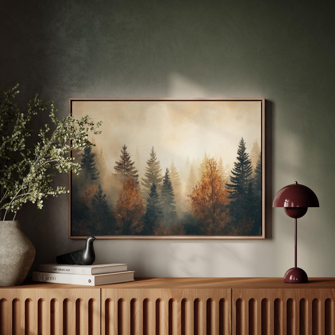 Golden Hour Misty Evergreen Forest Autumn Glow Nature Poster